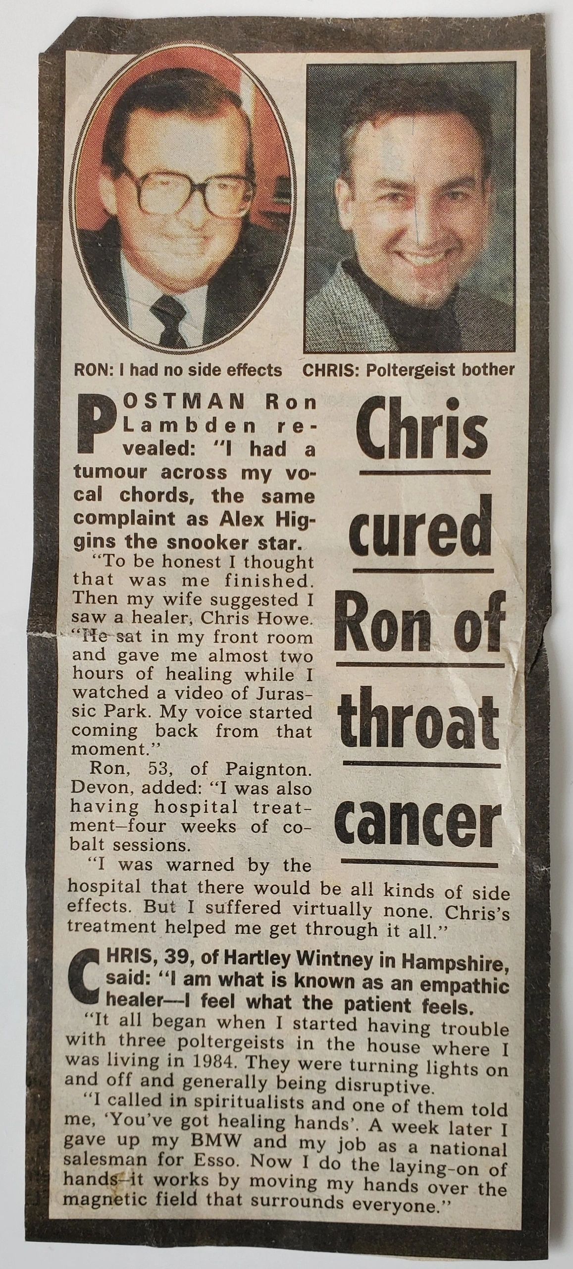 Newspaper cutting — Chris cured Ron of throat cancer